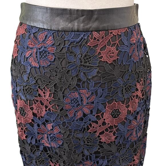 Topshop lace pencil midi skirt. Black blue burgundy. Faux leather waist. Sz 4P - Picture 2 of 12
